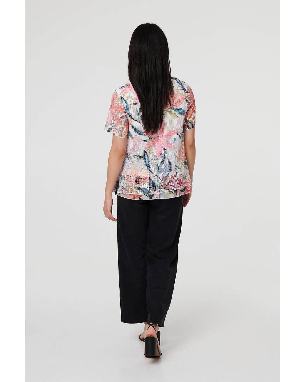 Izabel London White Floral Short Sleeve Mesh Layered Top