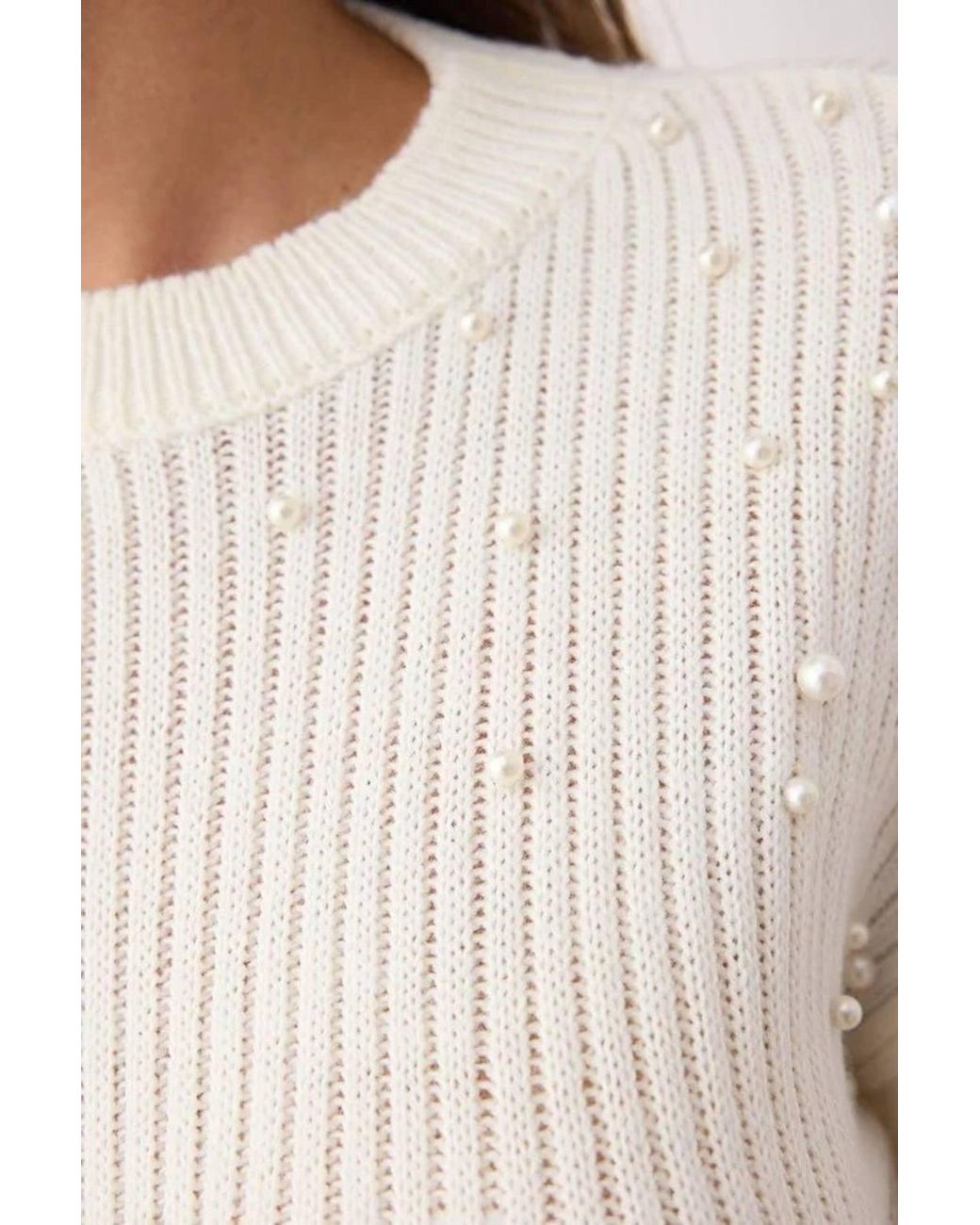 WOVCOR White Crew Neck Knit Sweater W/ Pearl Details