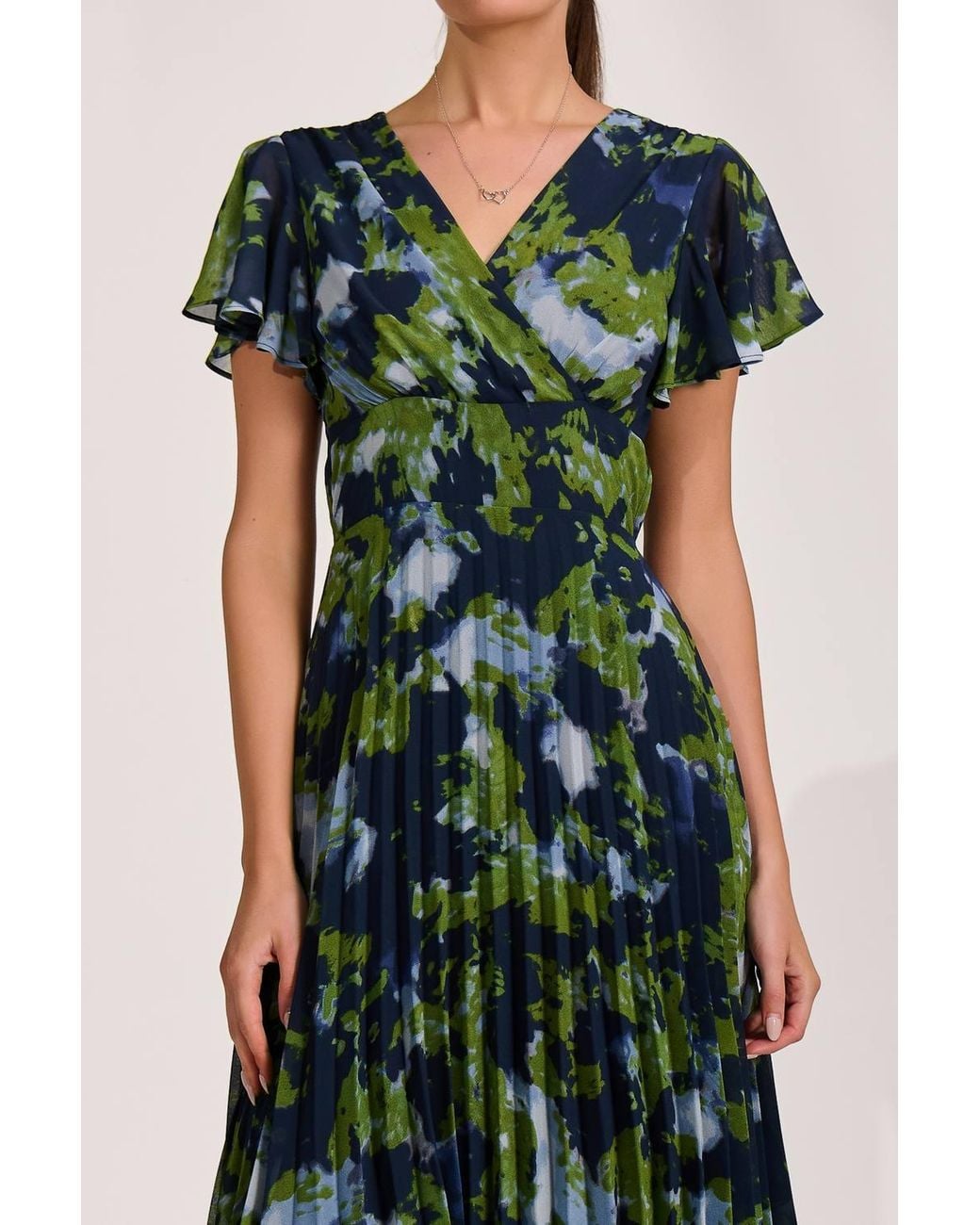 Jolie Moi Green Cap Sleeve Pleated Chiffon Maxi Dress