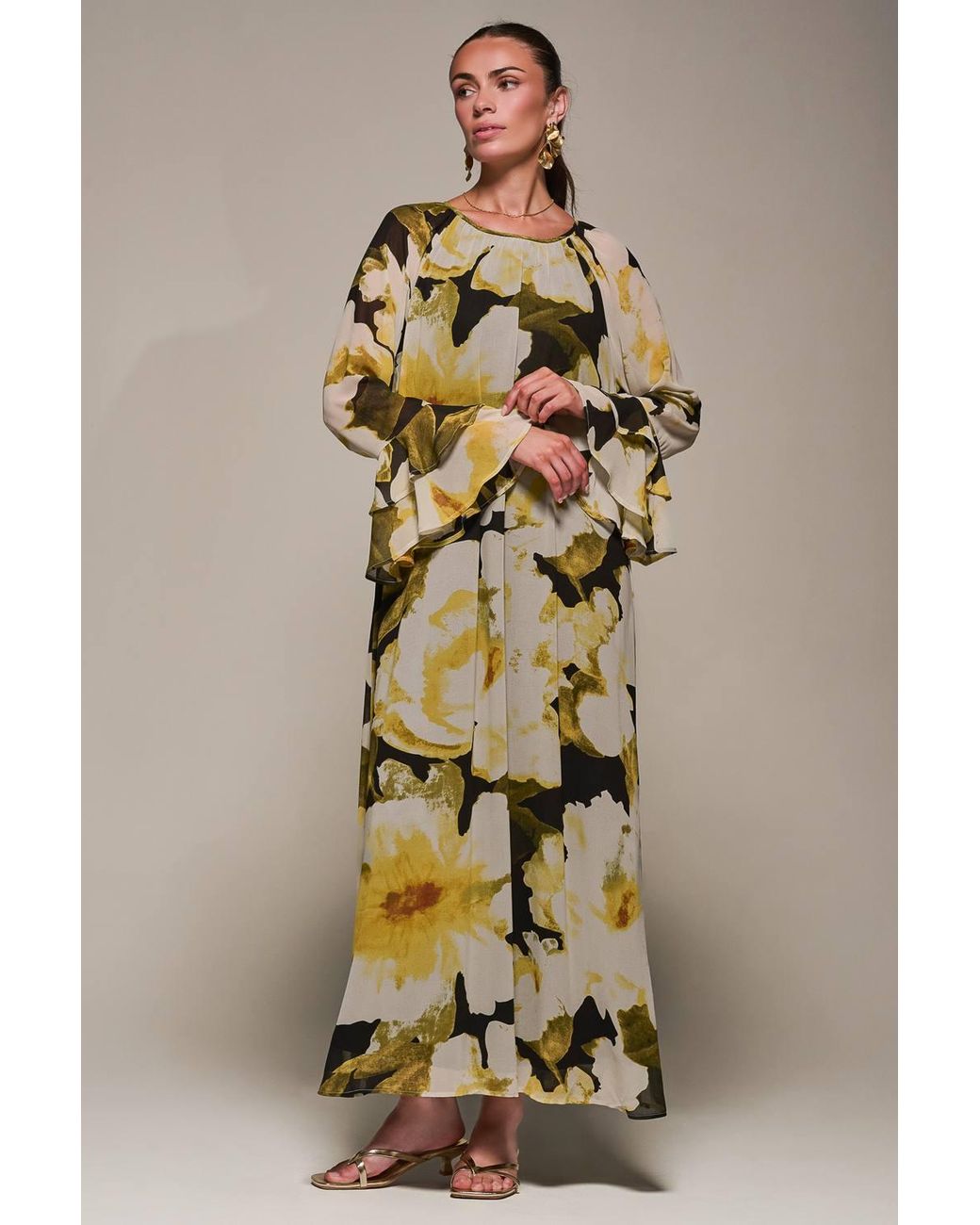 Jolie Moi Natural Chiffon Long Sleeve Shift Maxi Dress