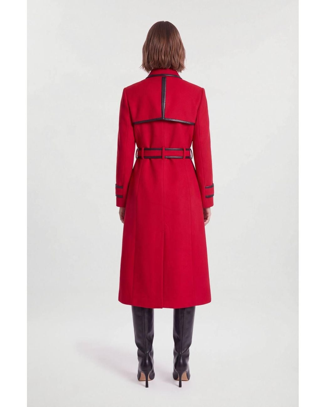 Karen Millen Petite Brushed Wool Pu Trim Belted Tailored Double Breasted Midi Coat