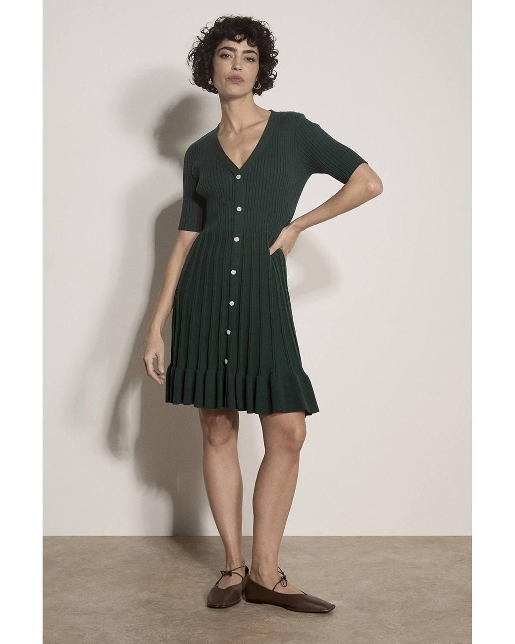 Apricot Green Ribbed Knit Fit & Flare Mini Dress