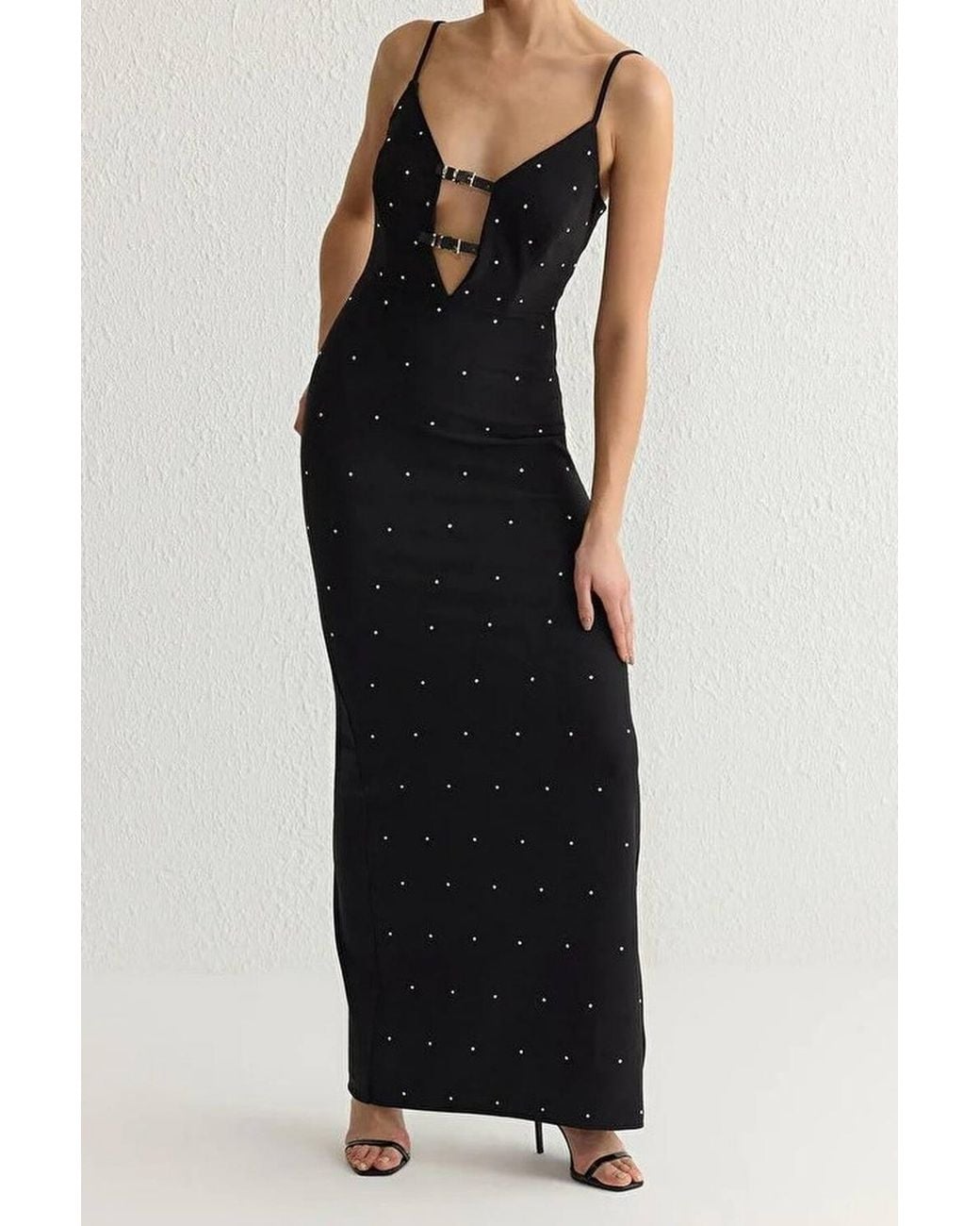 WOVCOR Black Embellished Cut Out Strappy Maxi Evening Dress
