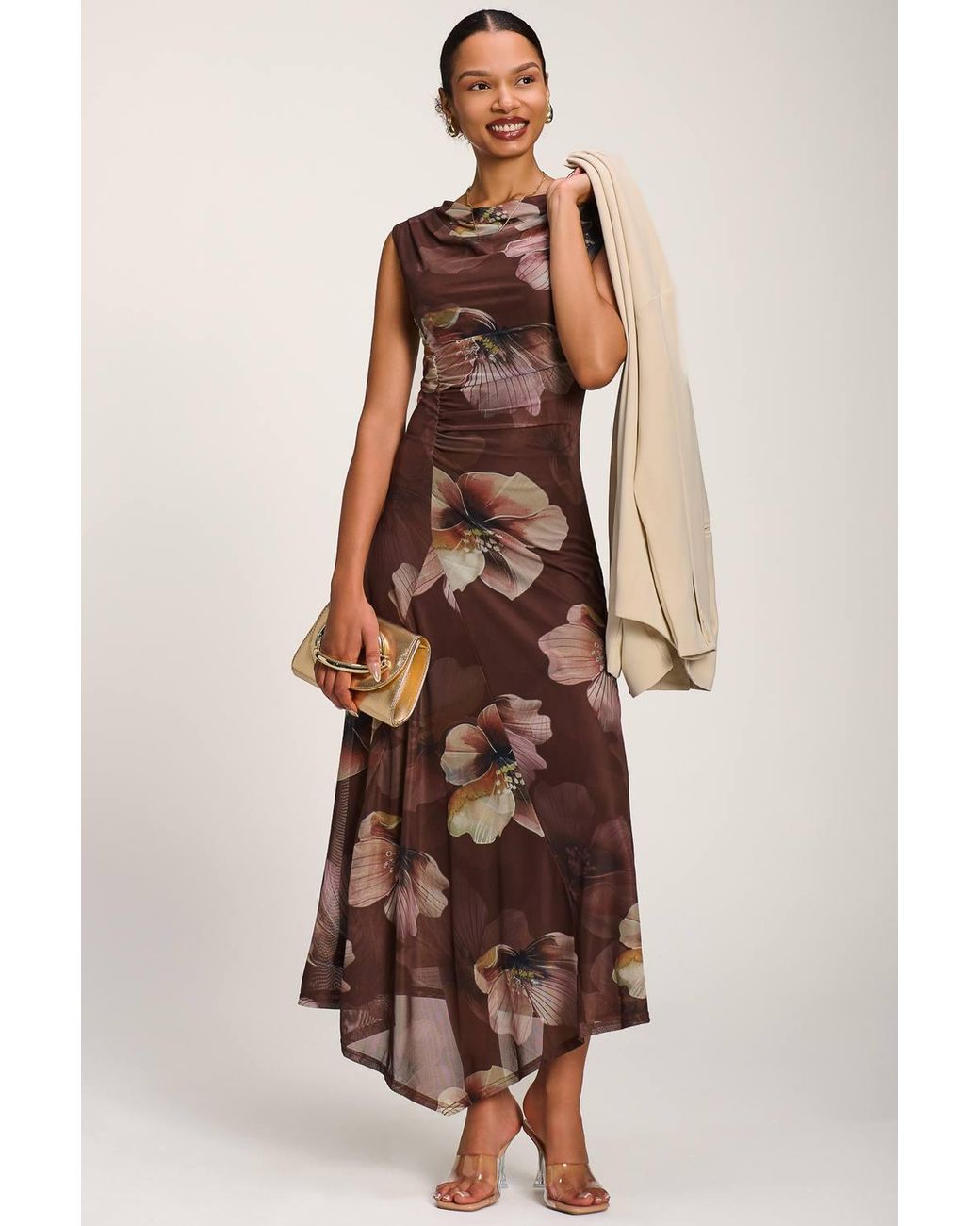 Jolie Moi Brown Asymmetric Draped Mesh Maxi Dress