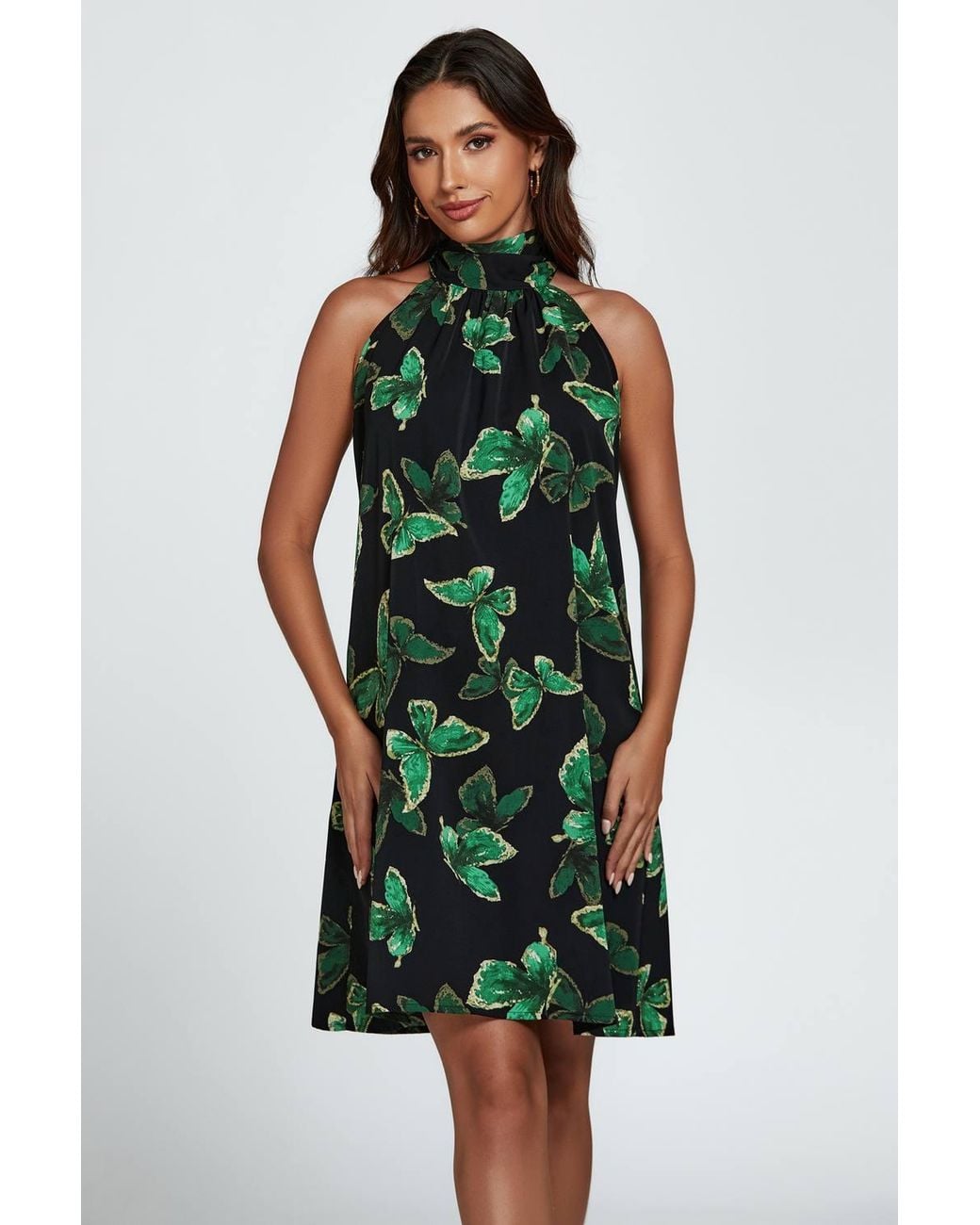 FS Collection Green Butterfly Print Halter Neck Tie Back Mini Dress