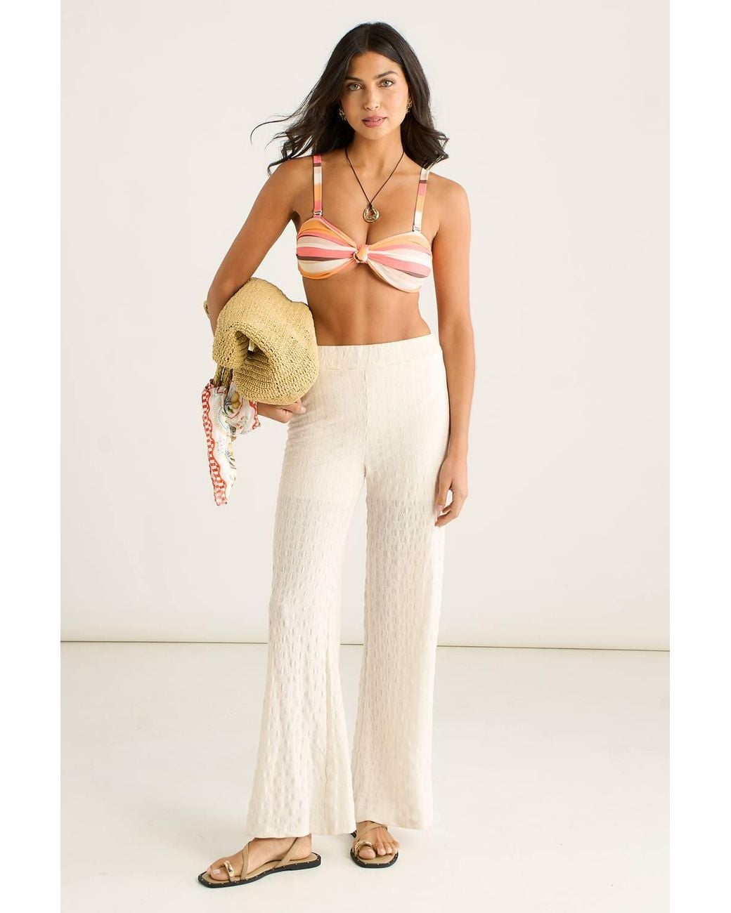 Gini London Natural Textured Elasticated Waist Flared Trousers