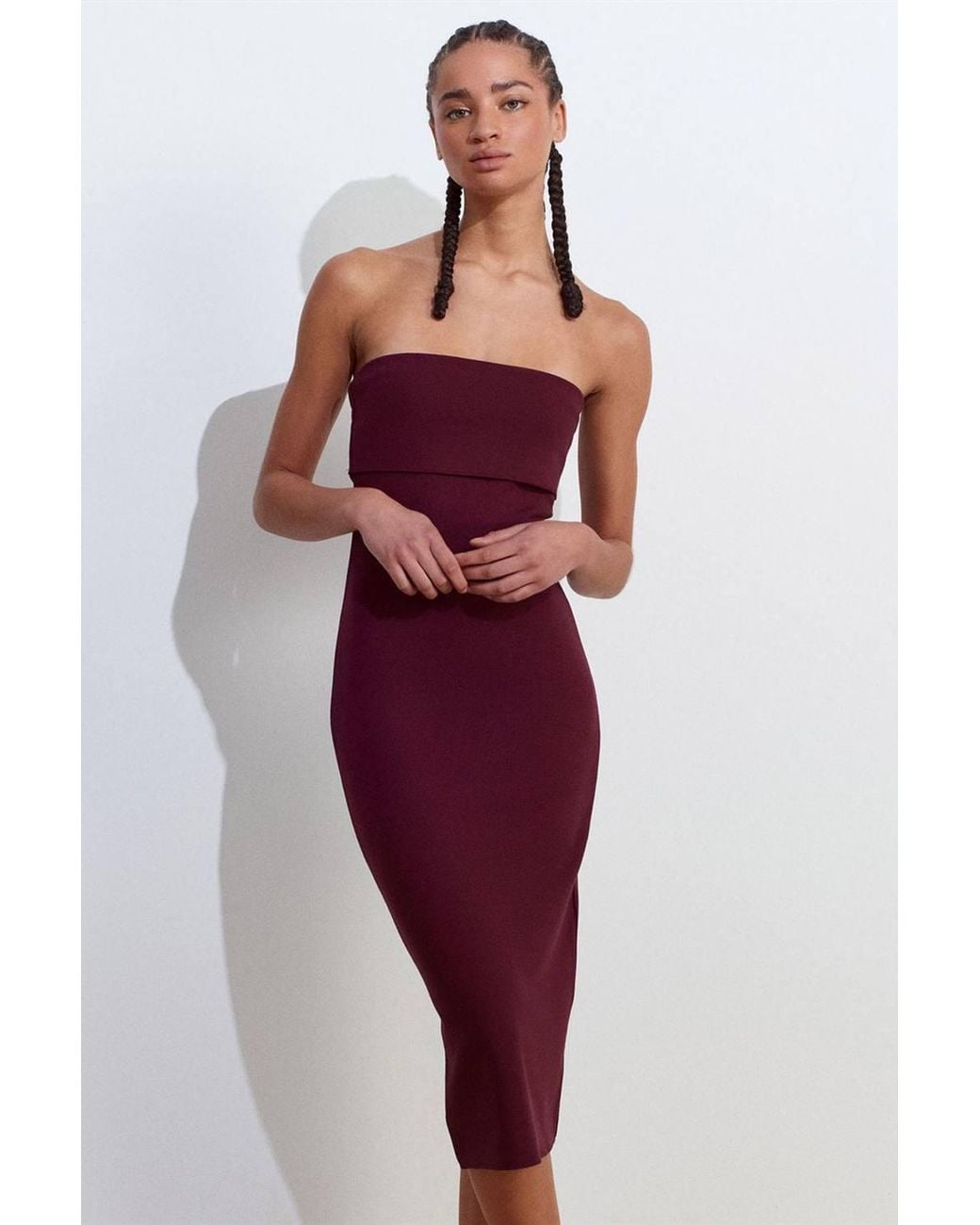 Dilvin Red Strapless Bodycon Midi Dress