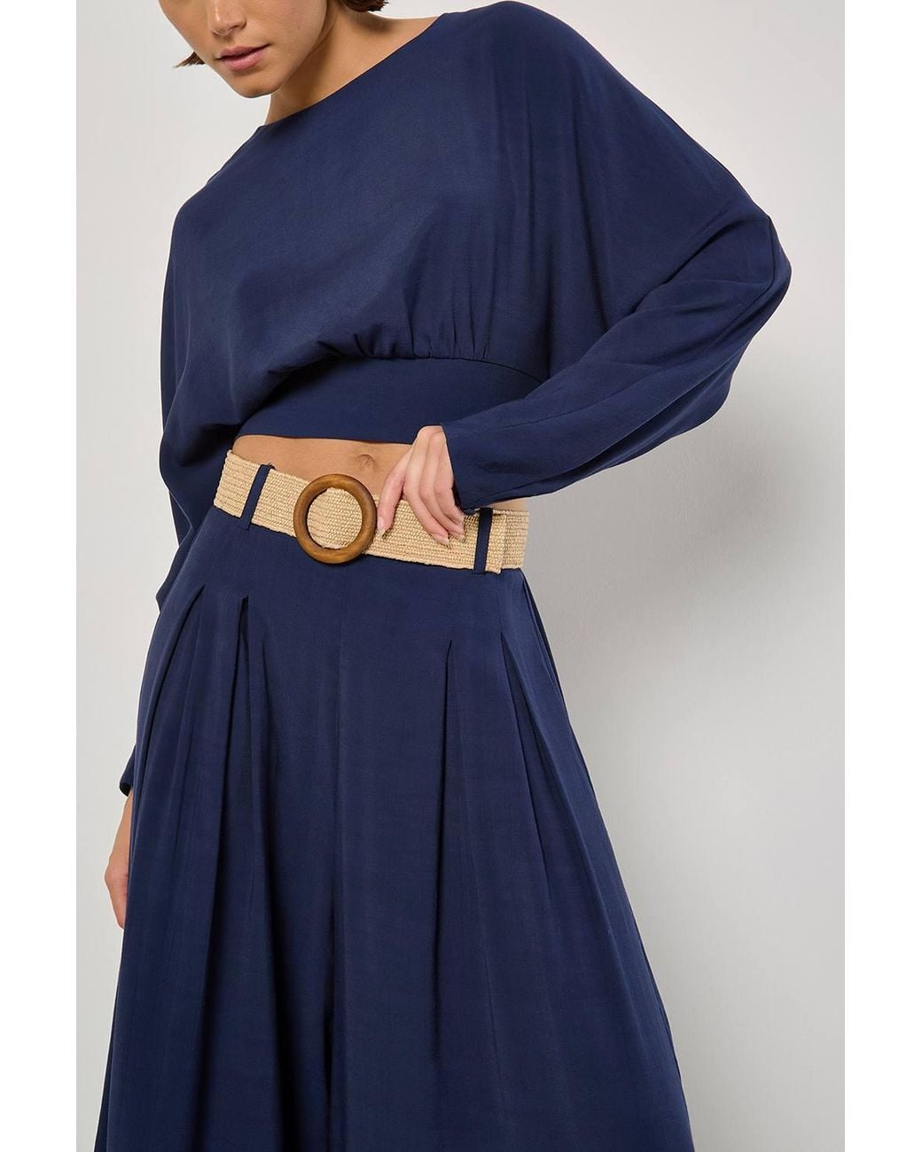 Apricot Blue Pleated Palazzo Trousers W/ Belt
