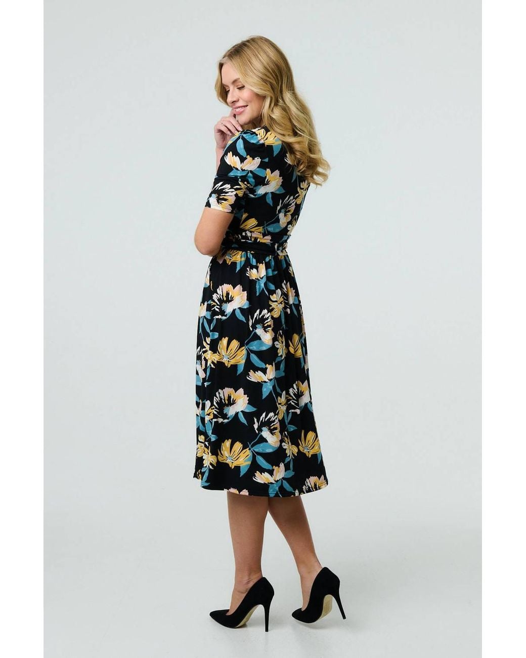 Izabel London Black Floral Short Sleeve Faux Wrap Midi Dress