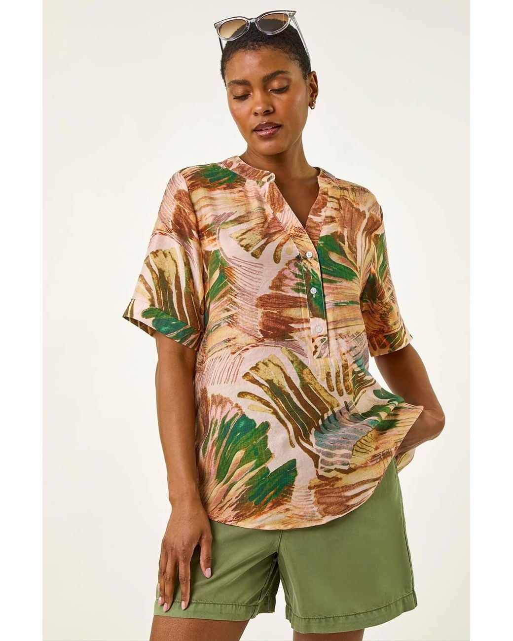 Roman Brown Abstract Print V-Neck Button Top