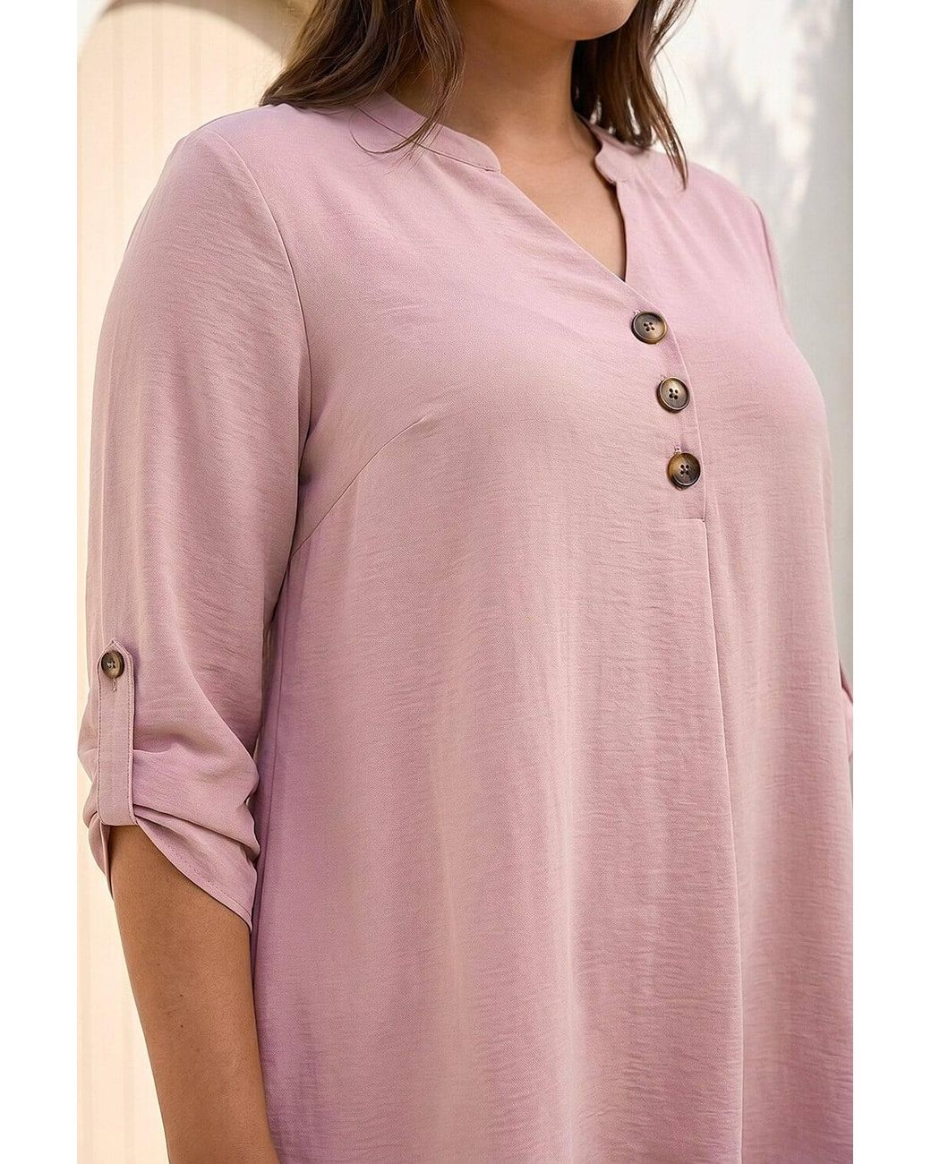 Roman Pink Curve Textured Buttoned Tunic Top