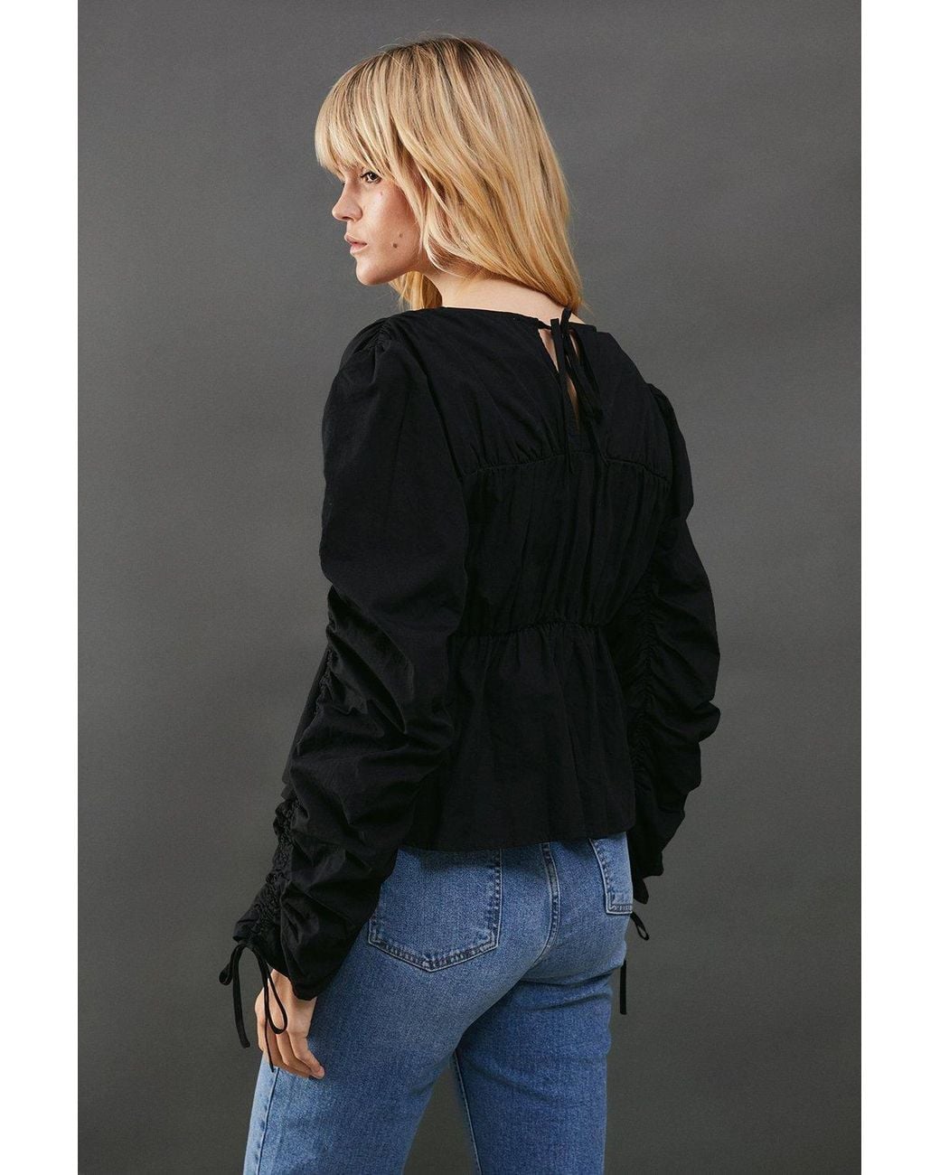 Warehouse Gray Cotton Tie Front Volume Sleeve Blouse