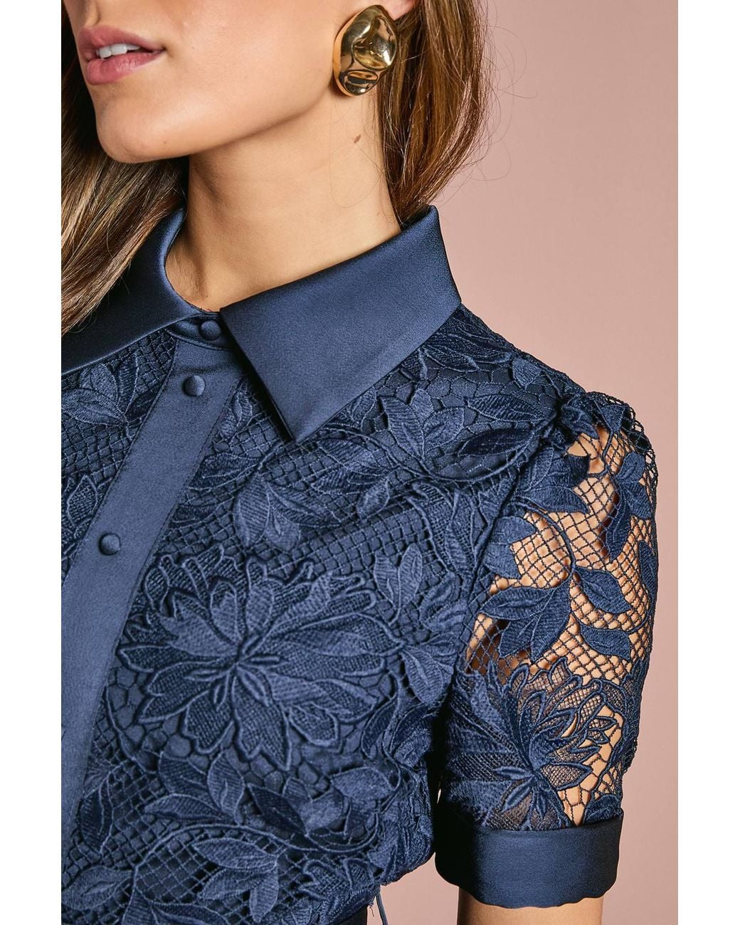Coast Blue Satin Trim Lace Shirt Midi Dress