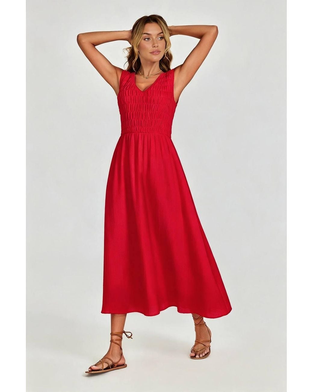 FS Collection Sleeveless Shirred Bodice Midi Dress