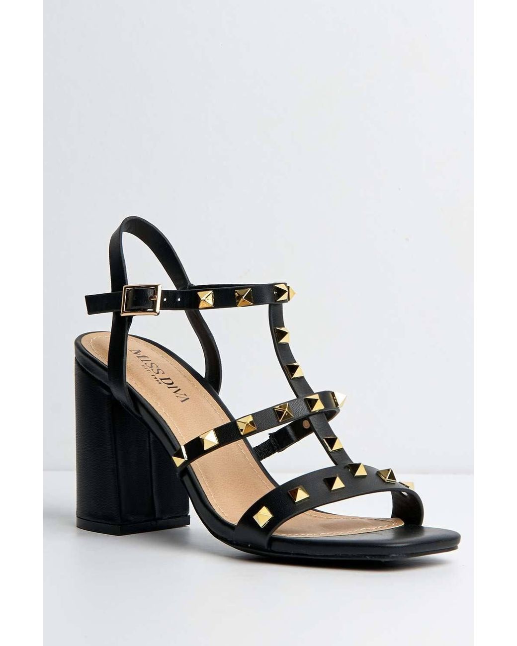 Miss Diva Black Troya Studded Block Heel Sandals