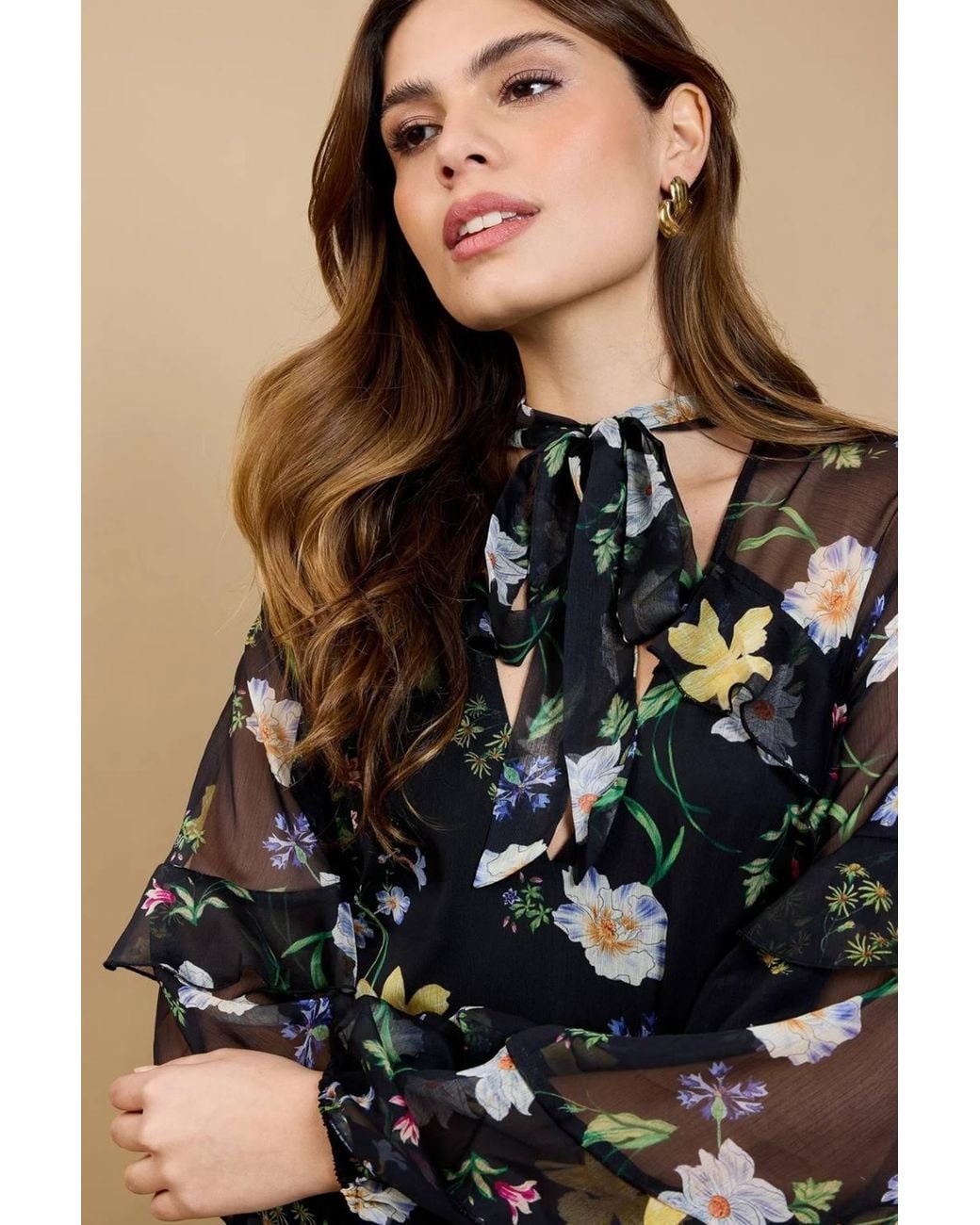 Little Mistress Natural Floral Print Frill Midaxi Dress