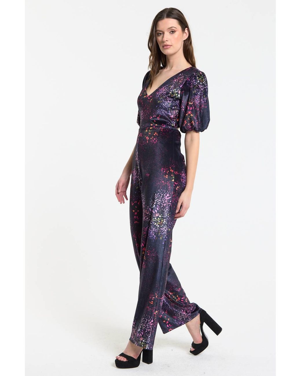 Liquorish Blue Floral Printed Velvet Wide Leg Jumpsuit