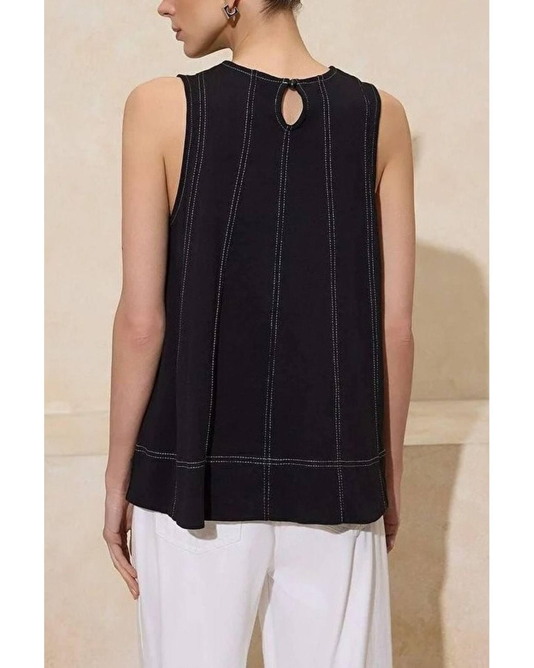 WOVCOR Black Relaxed Crew Neck Sleeveless Stitched Detail Knitted Blouse