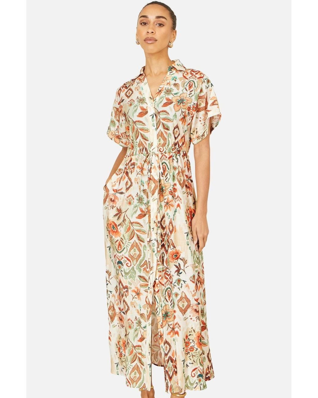 Yumi' Natural Viscose Relaxed Boho Print Maxi Shirt Dress