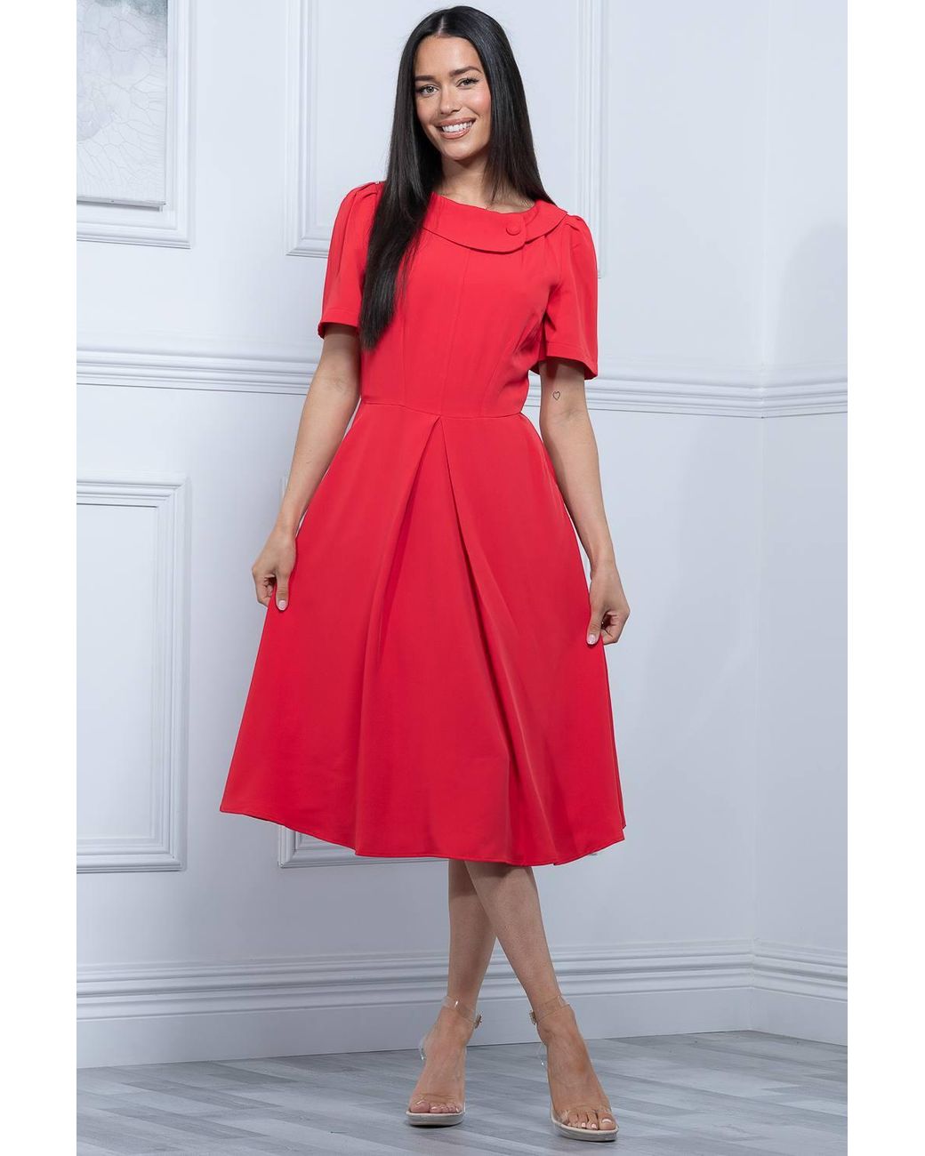 Jolie Moi Red Debora Button Neck Dress
