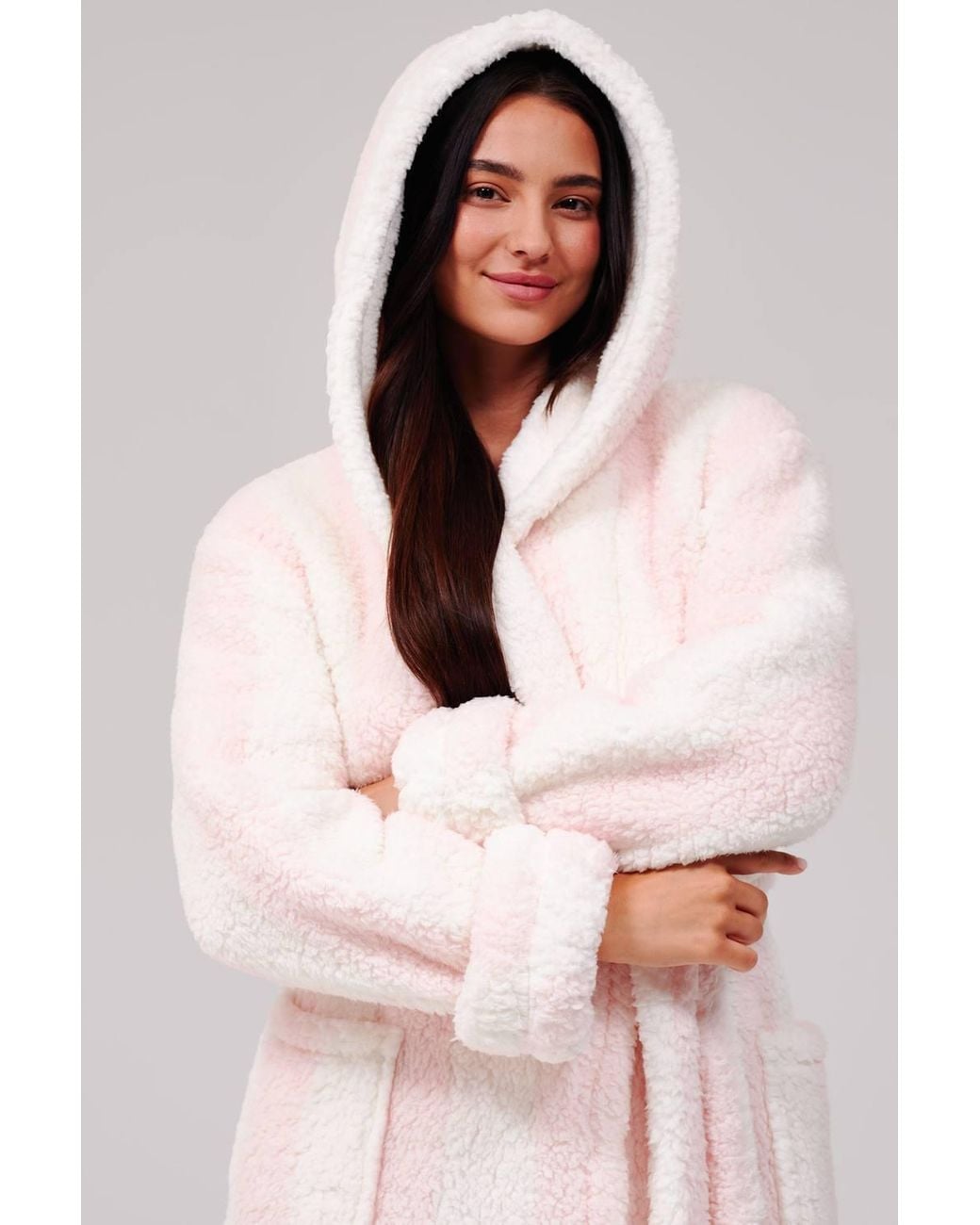 Loungeable Pink Chunky Sherpa Stripe Midi Hooded Dressing Gown