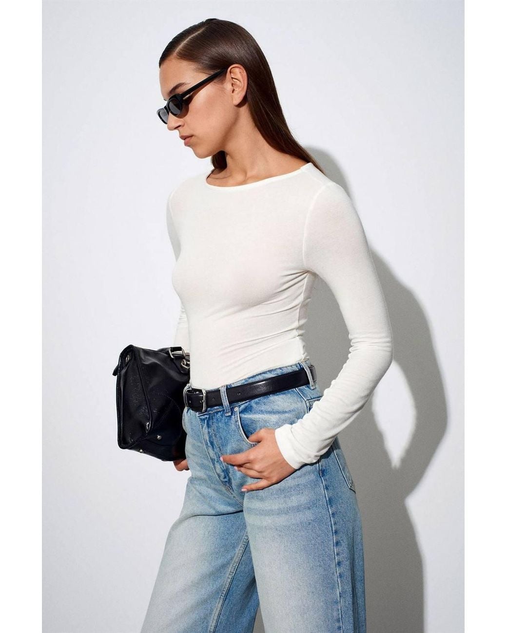Dilvin White Ribbed Boat Neck Long-Sleeve Blouse
