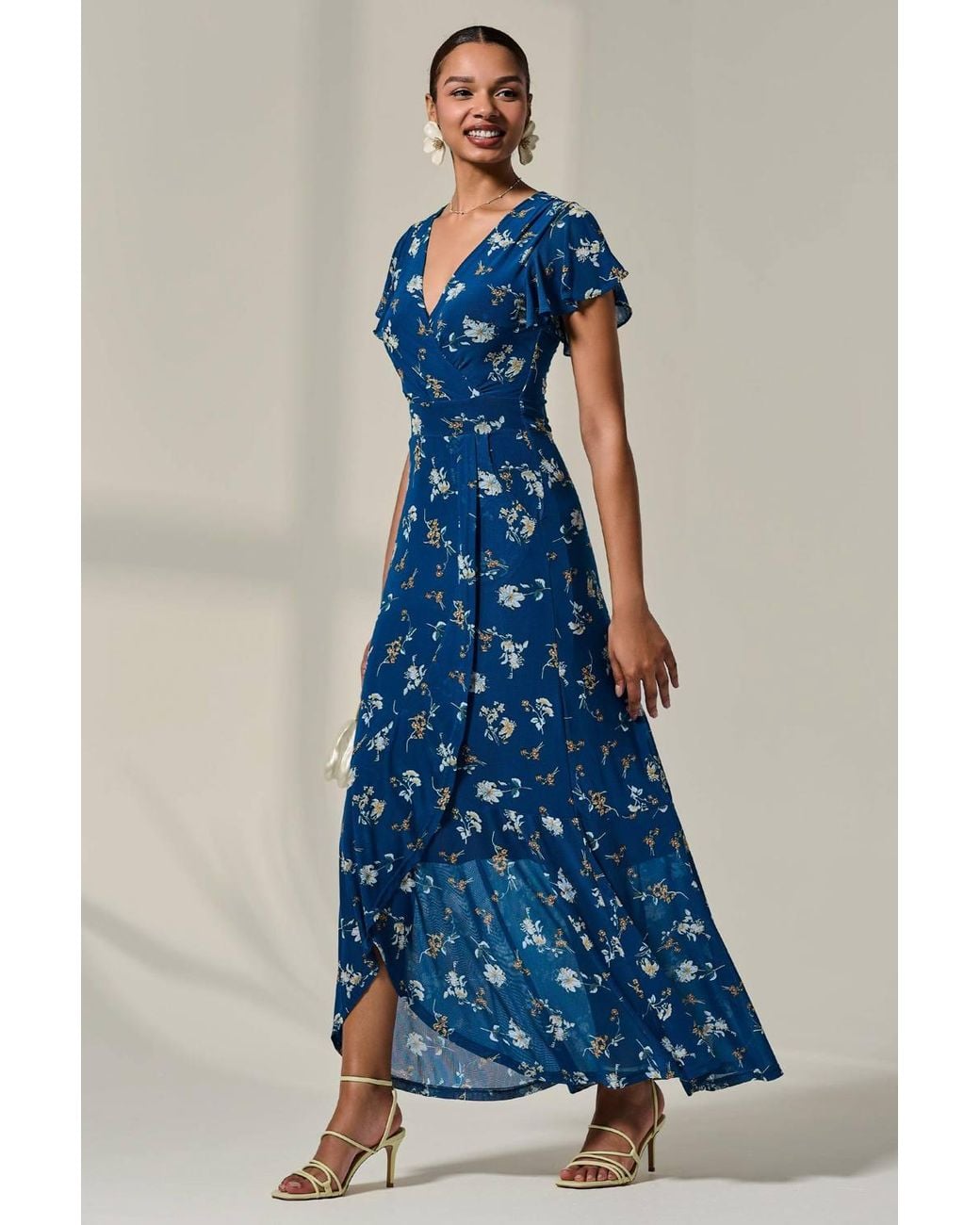 Jolie Moi Blue Floral Ruffle Hem Maxi Dress