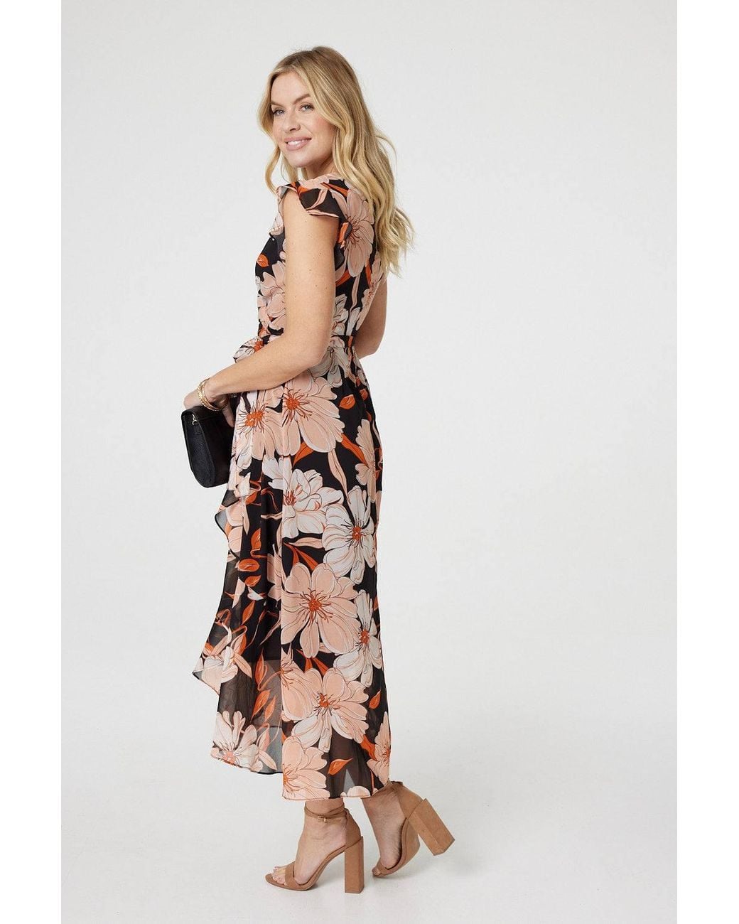 Izabel London Black Floral Frill Asymmetric Wrap Midi Dress