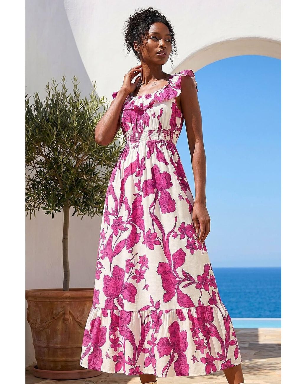 Roman Pink Floral Print Frill Shirred Midi Dress