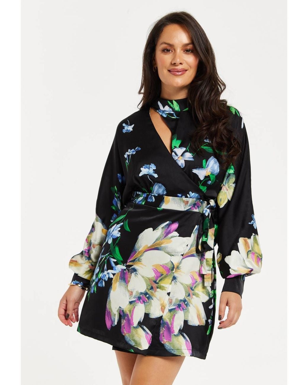 Liquorish Black Elegant Floral Print Mini Wrap Dress W/ Cut Out Detail