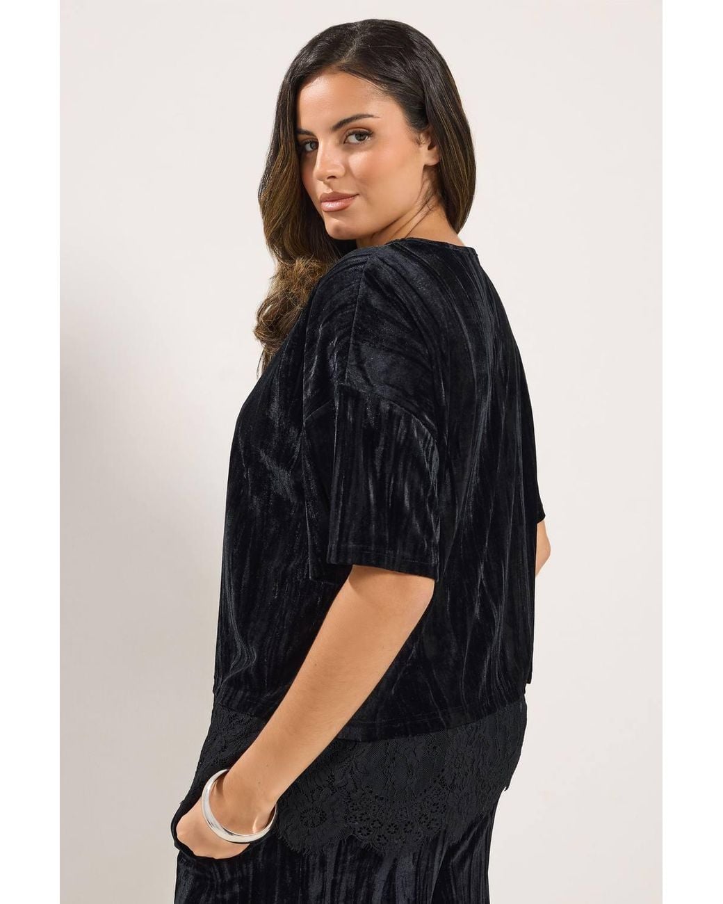 Yours Black Crushed Velour Lace Hem Top