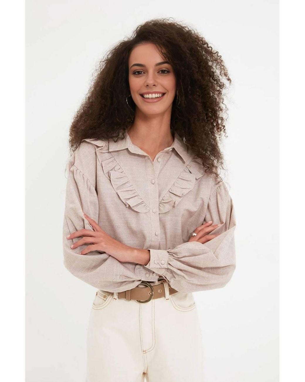 WOVCOR Natural Ruffle Detail Long Sleeve Woven Shirt