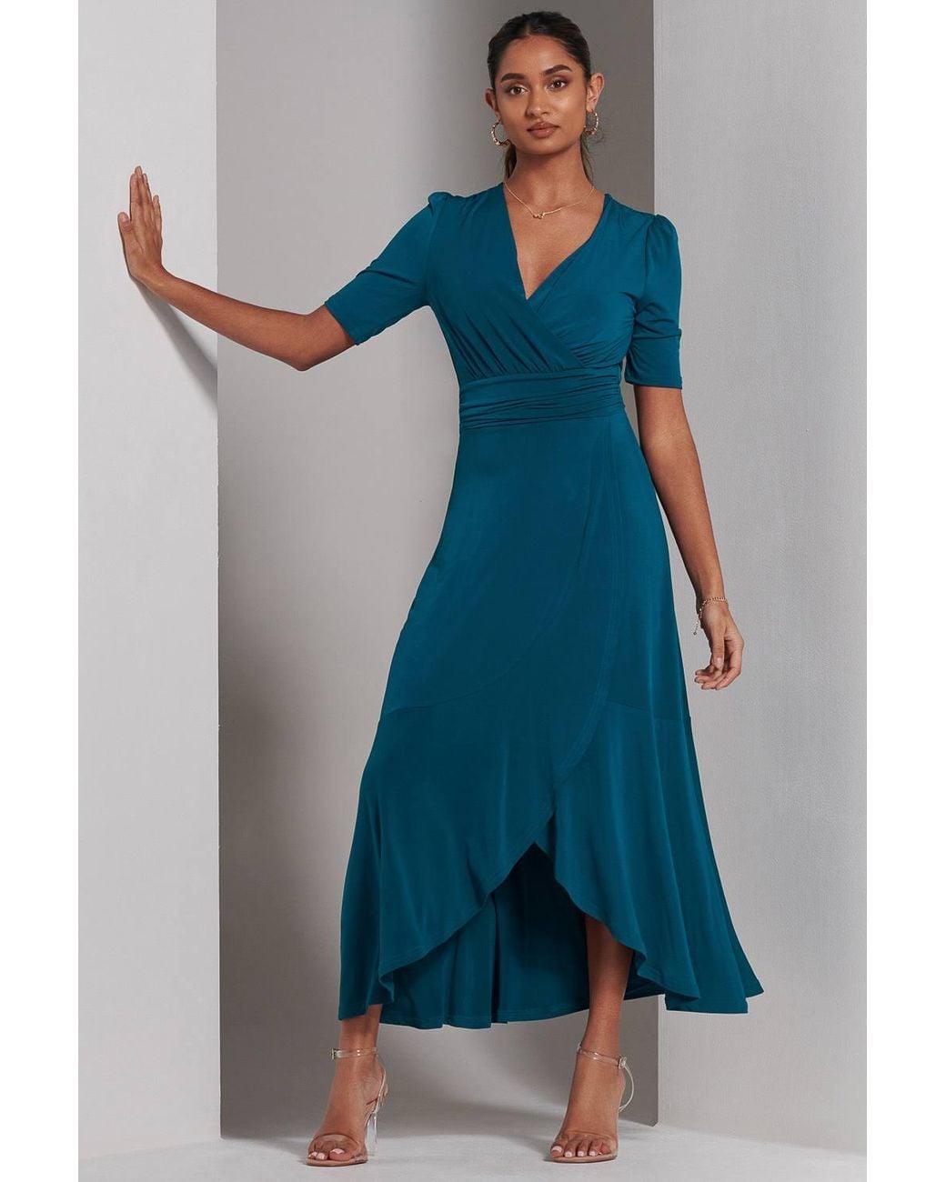 Jolie Moi Blue Olana Jersey Frill Hem Maxi Dress