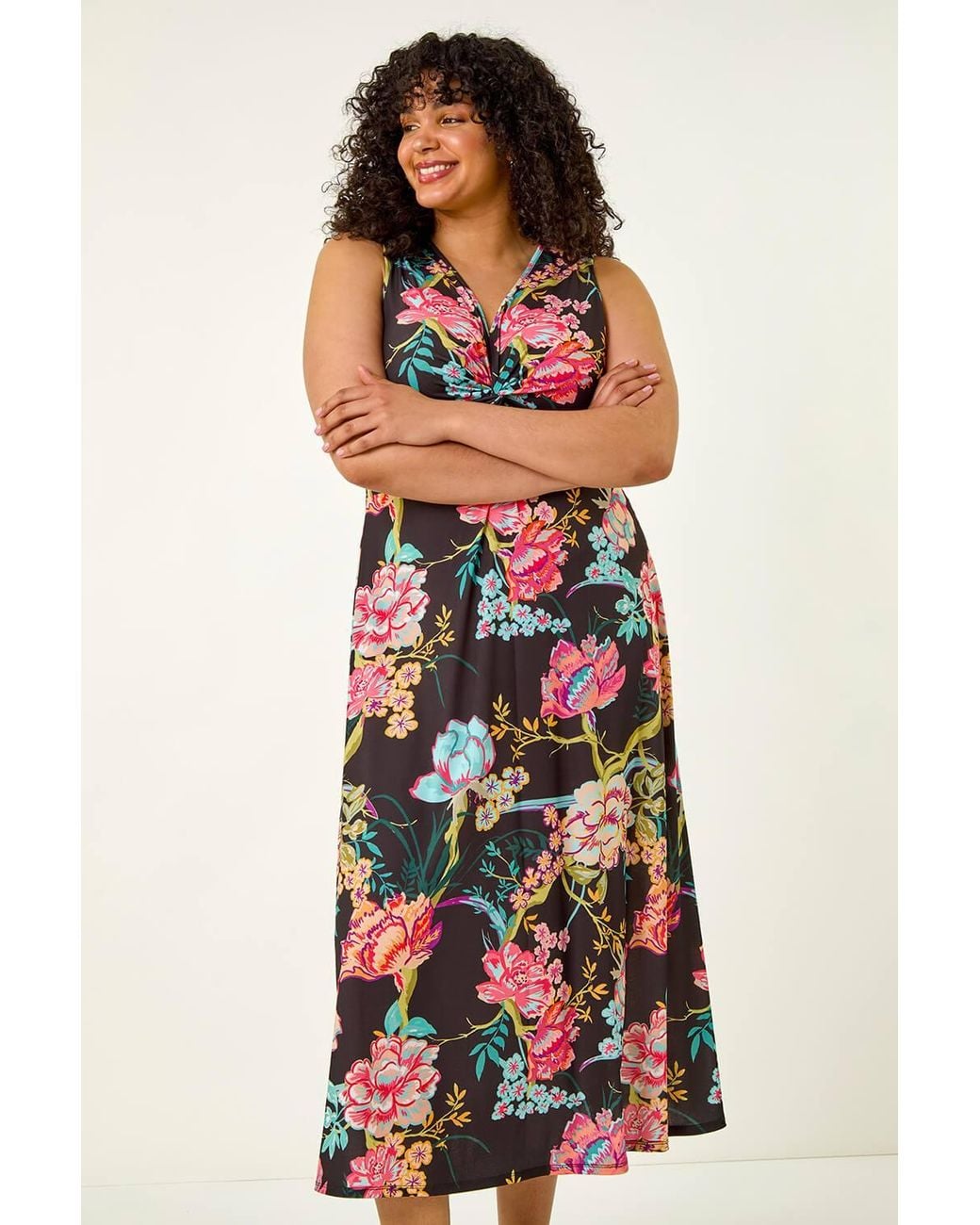 Roman White Curve Twist Front Floral Maxi Dress