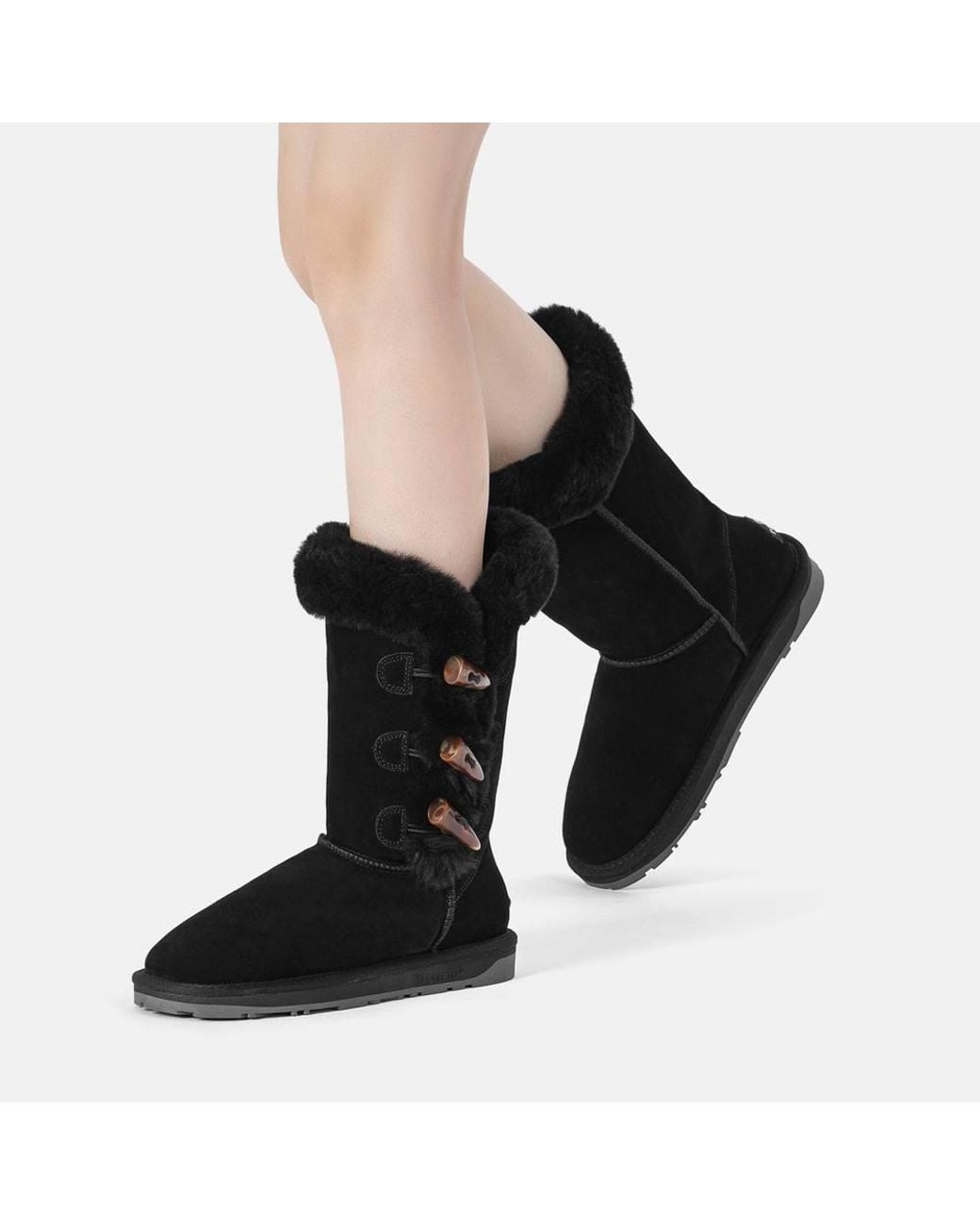 EverAu Australia Black Real Sheepskin Ashy Horn Toggle Buttons Tall Boots W/ Tpr Sole