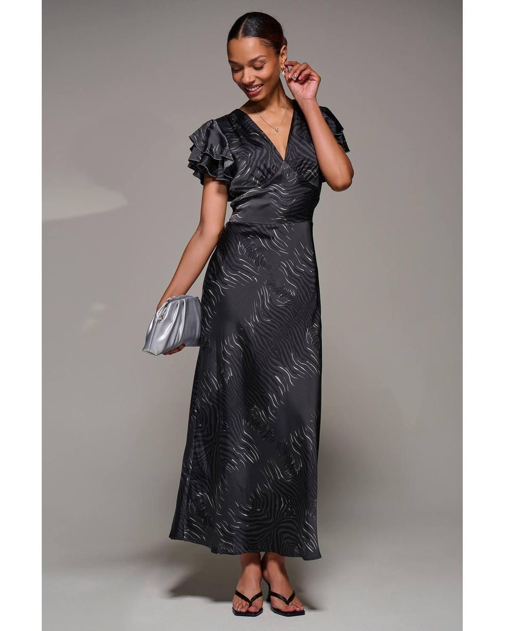 Jolie Moi Blue Ruffle Sleeve Print Satin Maxi Dress