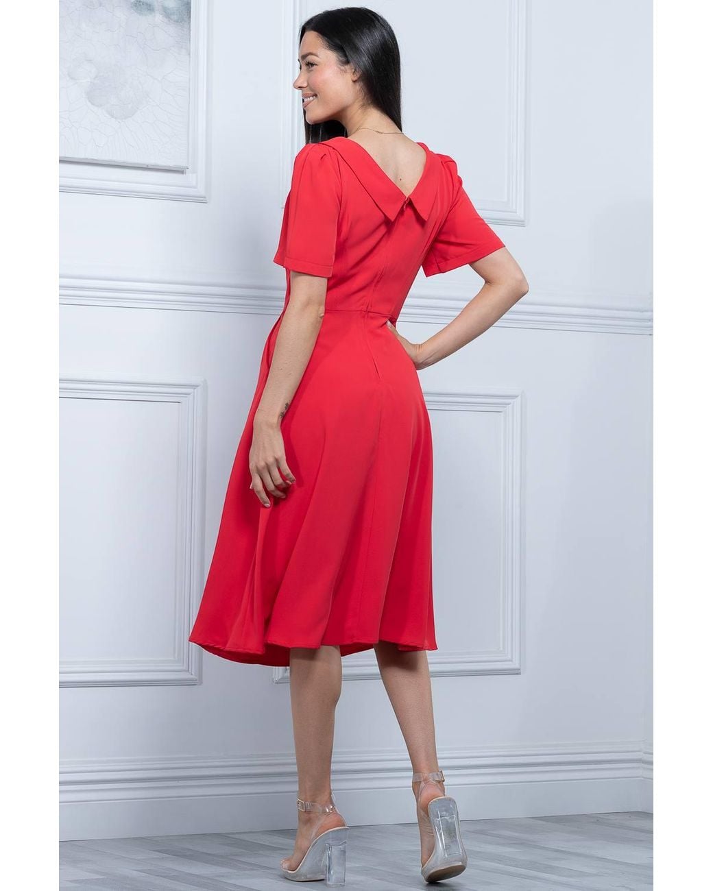 Jolie Moi Red Debora Button Neck Dress