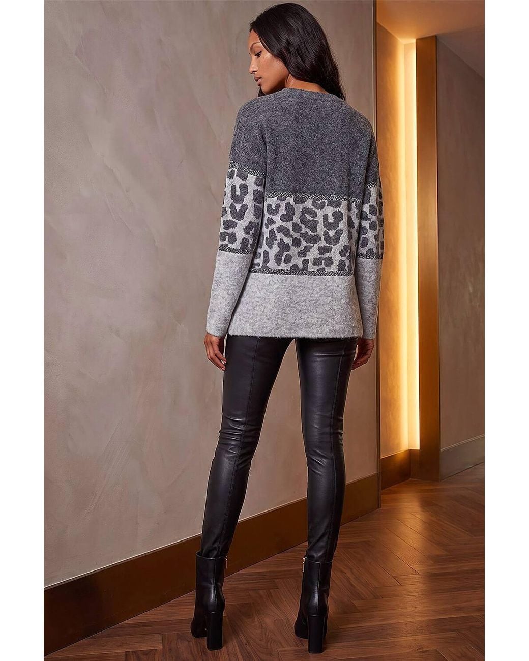 Roman Gray Petite Animal Print Colourblock Jumper