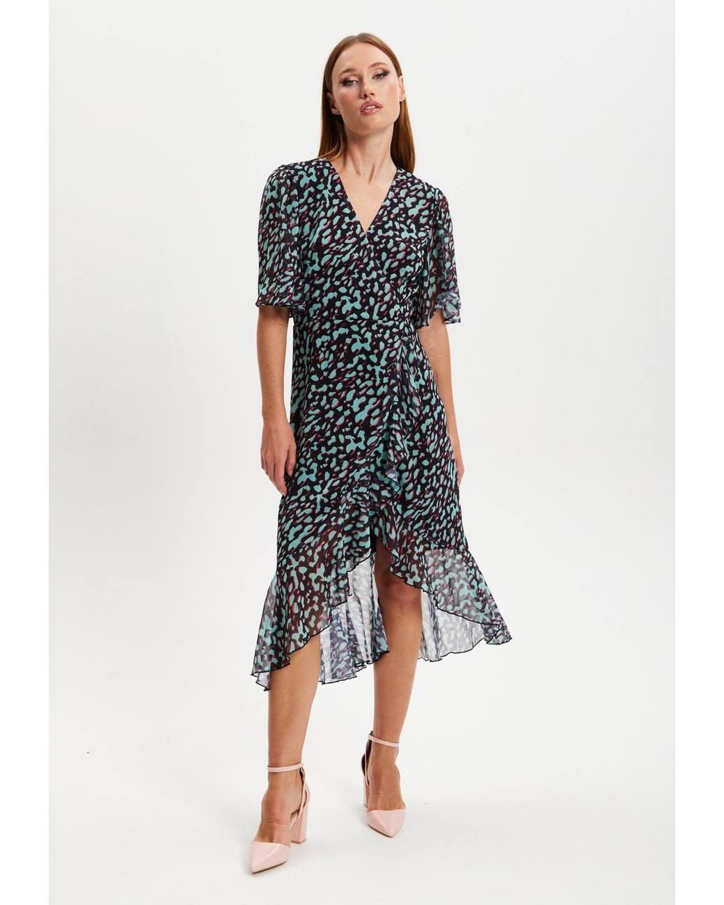 Liquorish Blue Animal Print Organza Double Breasted Midi Dress