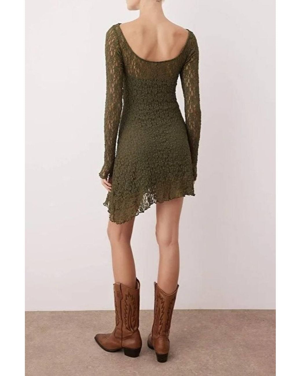 WOVCOR Green Long Sleeve Asymmetrical Lace Mini Knit Dress W/ Back Detail