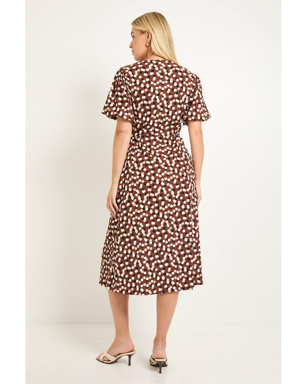 Wallis Brown Spot Petite Jersey Button Midi Dress