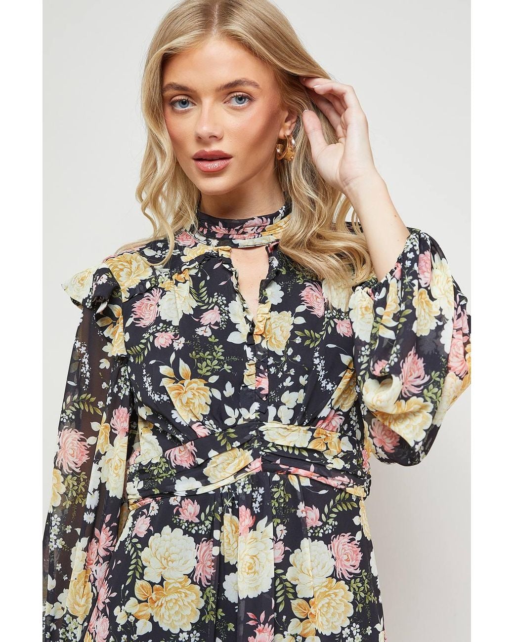 Oasis Natural Printed Ruched High Neck Mini Fit And Flare Dress