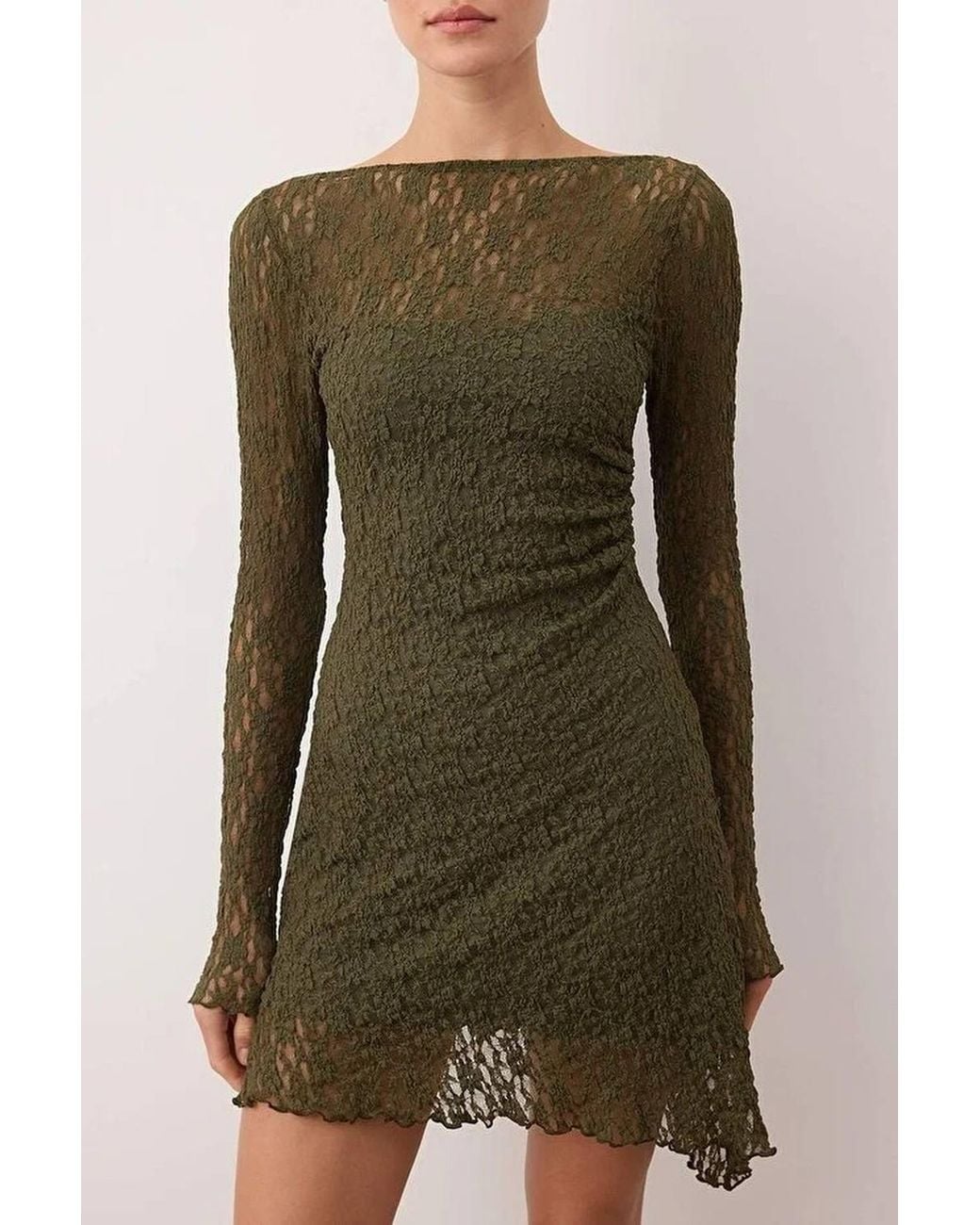 WOVCOR Green Long Sleeve Asymmetrical Lace Mini Knit Dress W/ Back Detail