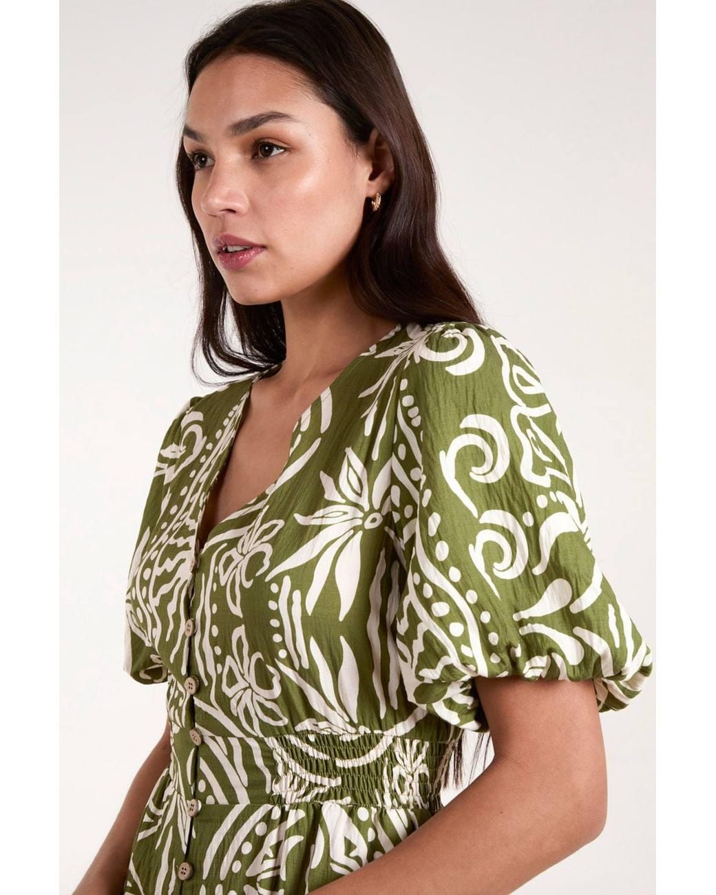Blue Vanilla Green Elasticated Waist Short Sleeve Button Up V-Neck Midi Dress
