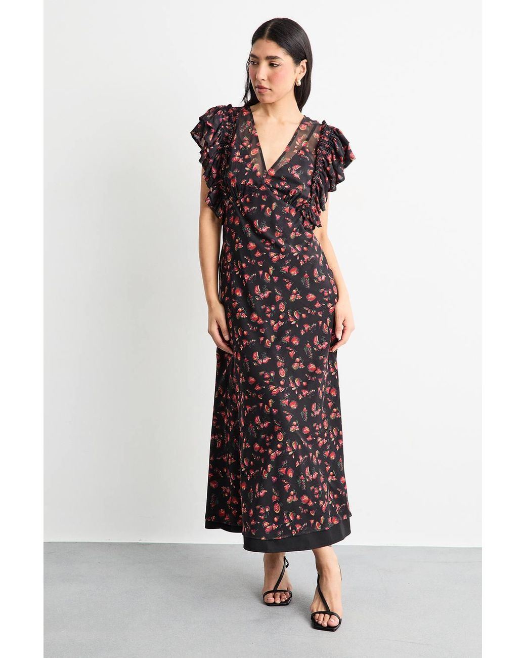 Warehouse White Floral Print Ruffled Sleeve V Neck Maxi Dress