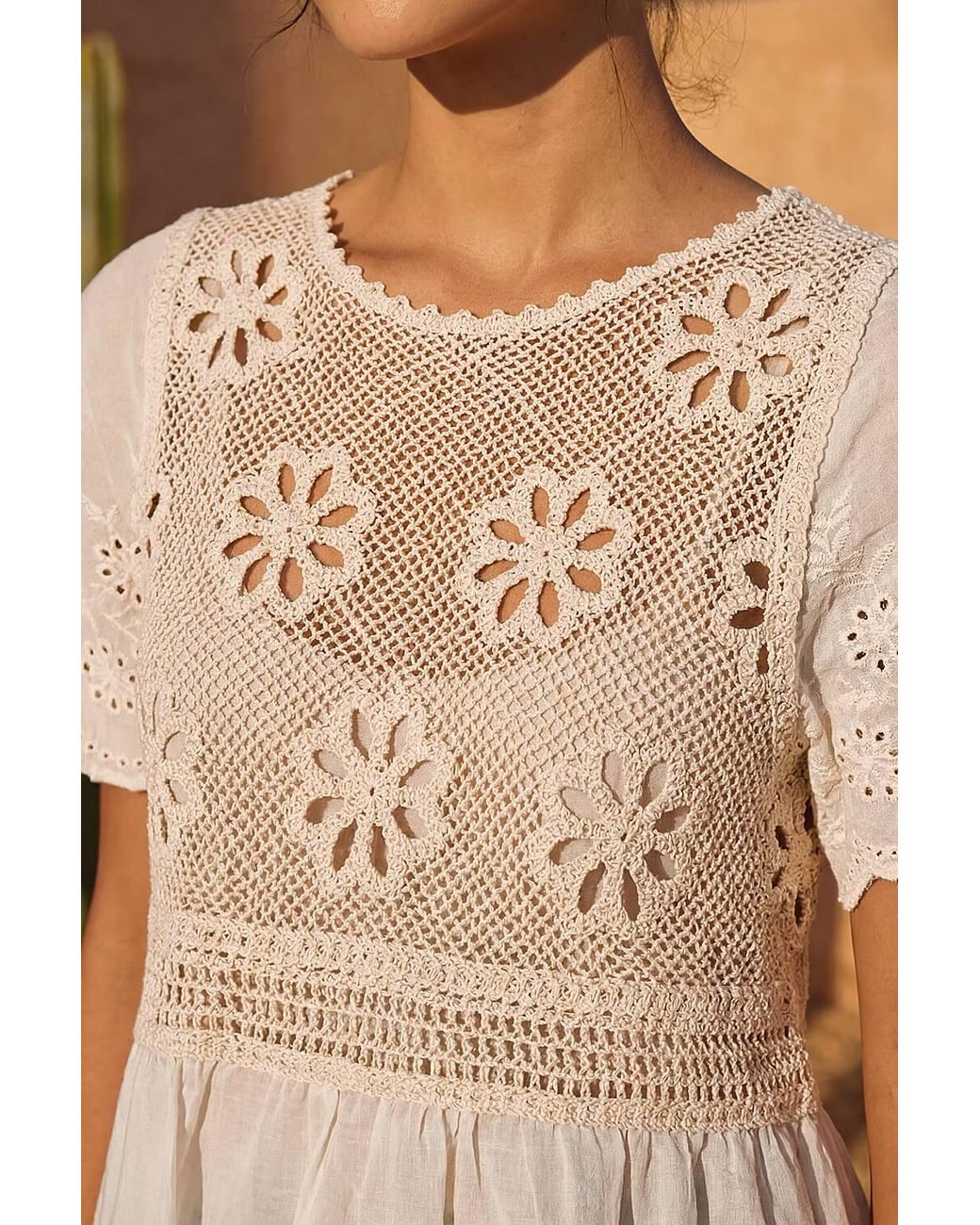 D.u.s.k Natural Floral Crochet Tunic Top