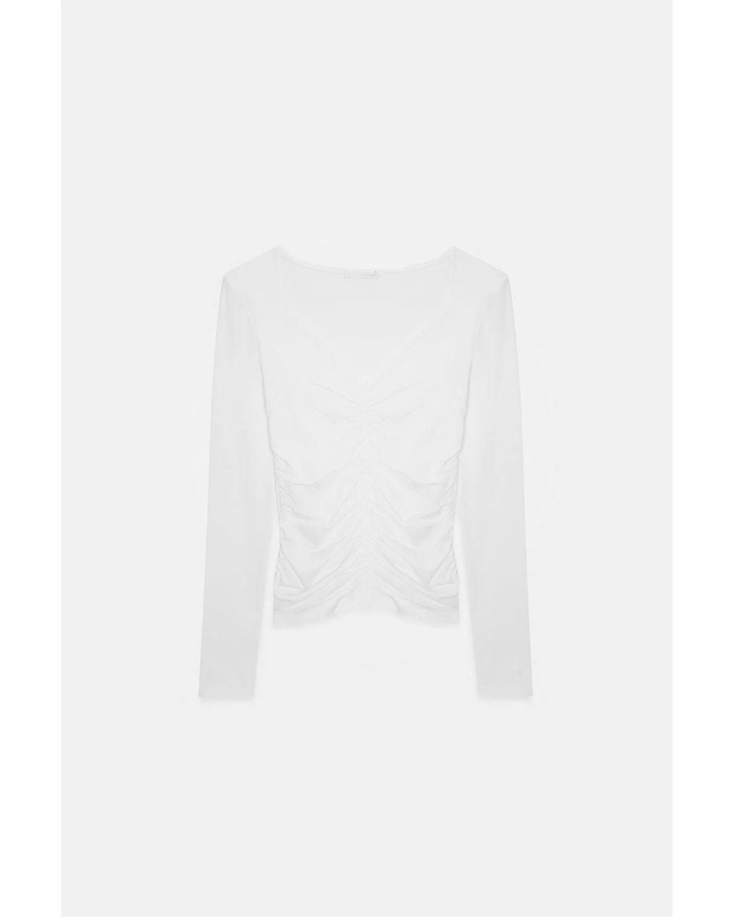 Dilvin White Slim Fit V-Neck Jersey Blouse