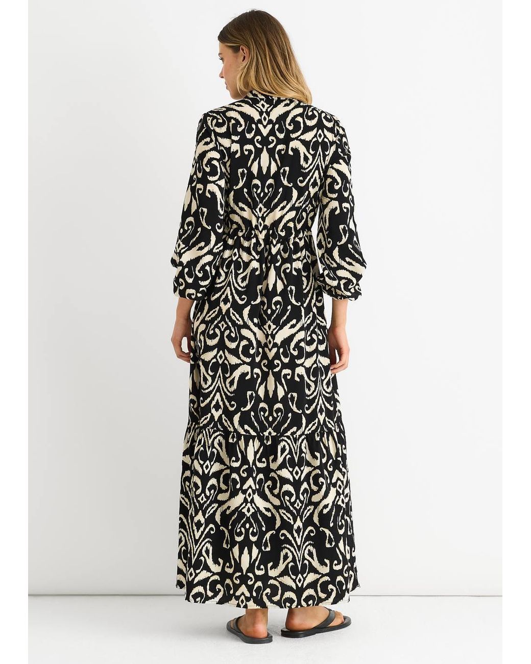 Gini London White Ikat Print Tie Waist Maxi Dress