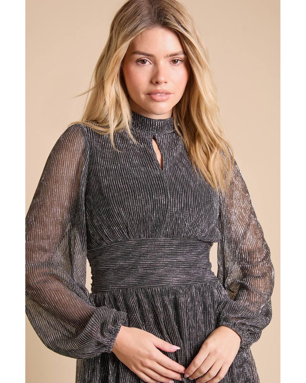 Dorothy Perkins Natural Petite Dp Luxe Sparkle Plisse Jersey High Neck Mini Dress
