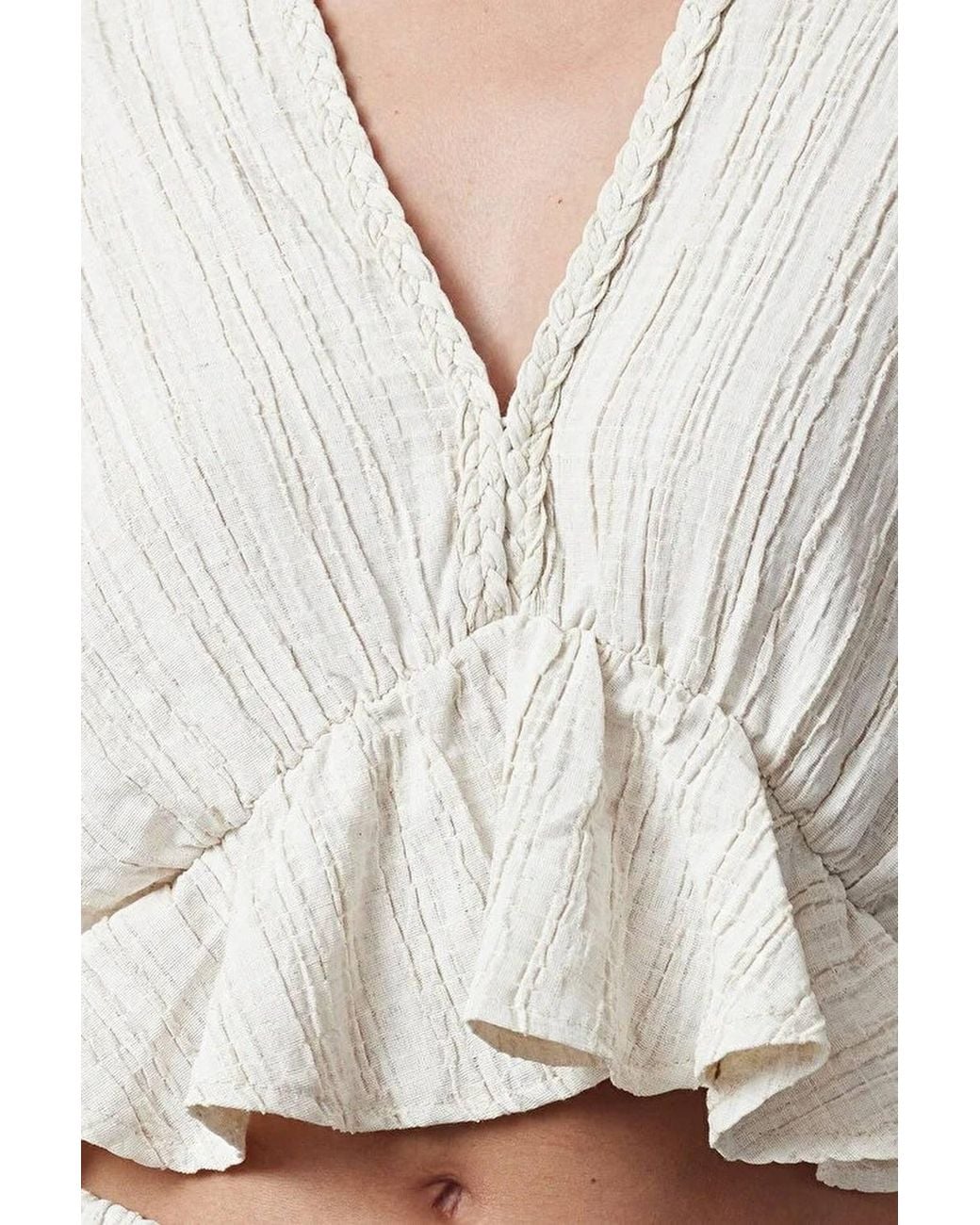 WOVCOR Gray Textured Wrap V Neck Cropped Peplum Sleeve Detail Top